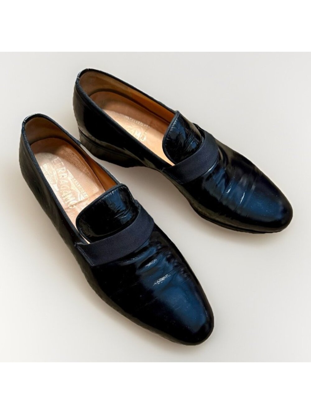 Salvatore Ferragamo Sz 10D Black Patent Leather Tuxedo Loafer Dress Shoes Italy
